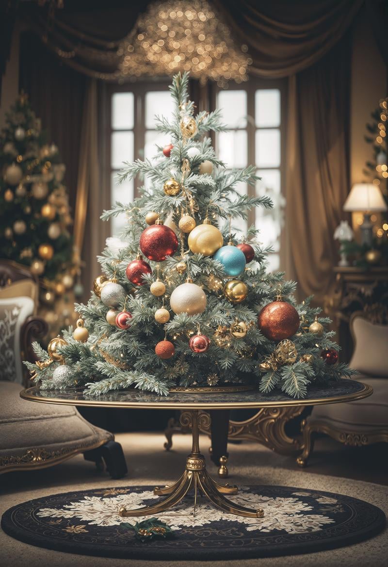 卓上のクリスマスツリーとオーナメントの写真