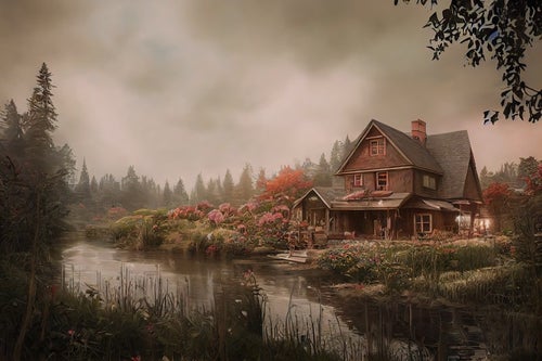 湖畔の一軒家の写真