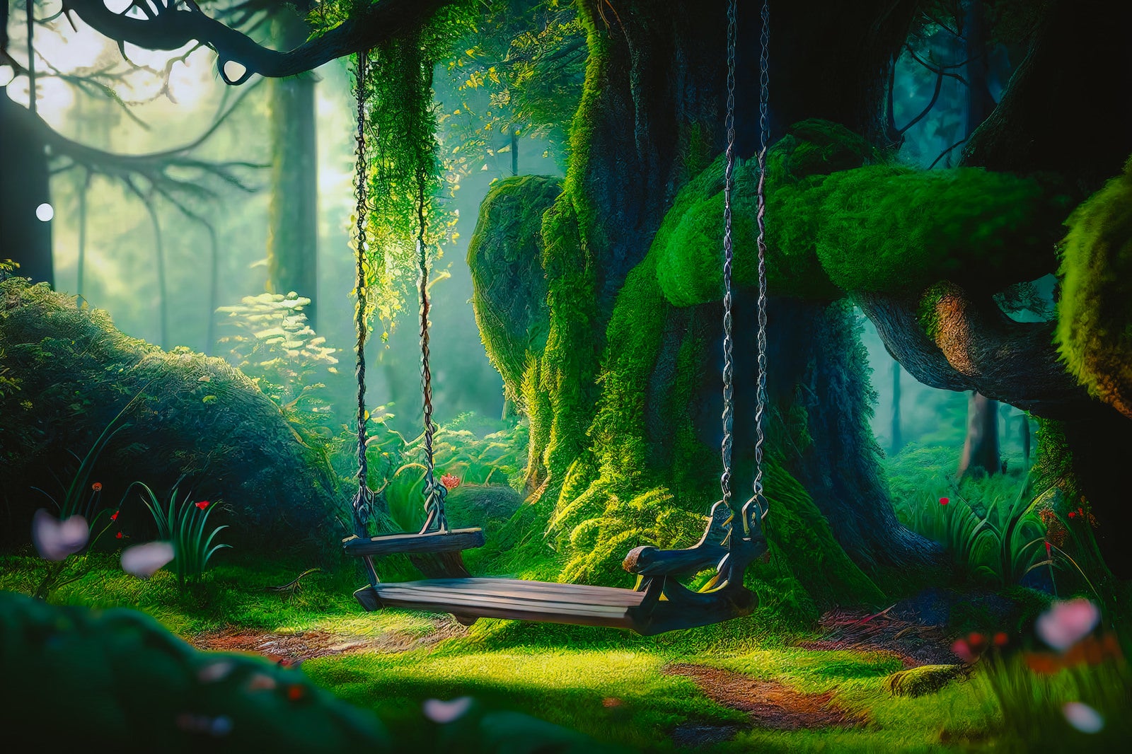 「ブランコが揺れる静寂な森」の写真