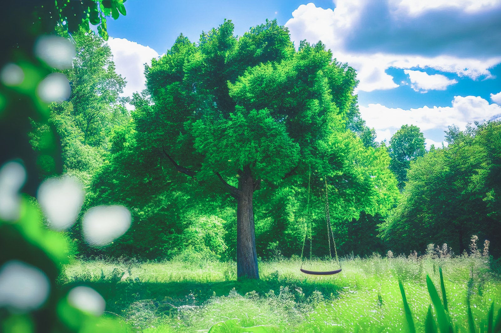 「新緑の大樹とともに揺れるブランコ」の写真