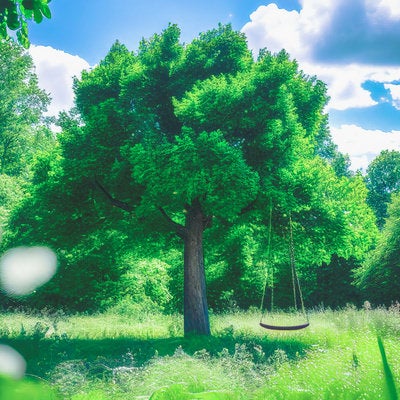 新緑の大樹とともに揺れるブランコの写真