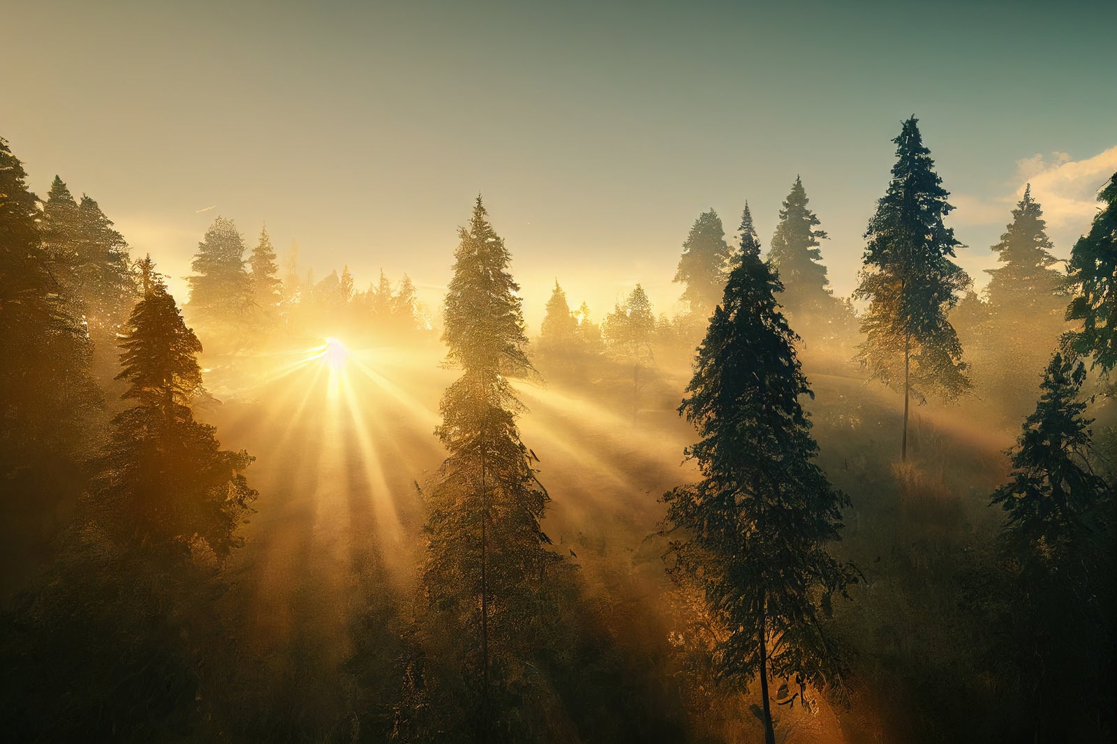 「林間に降り注ぐ夕日の光芒」の写真