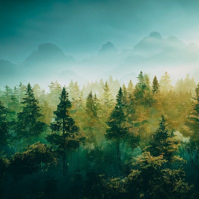 朝靄の森に差す曙光の写真