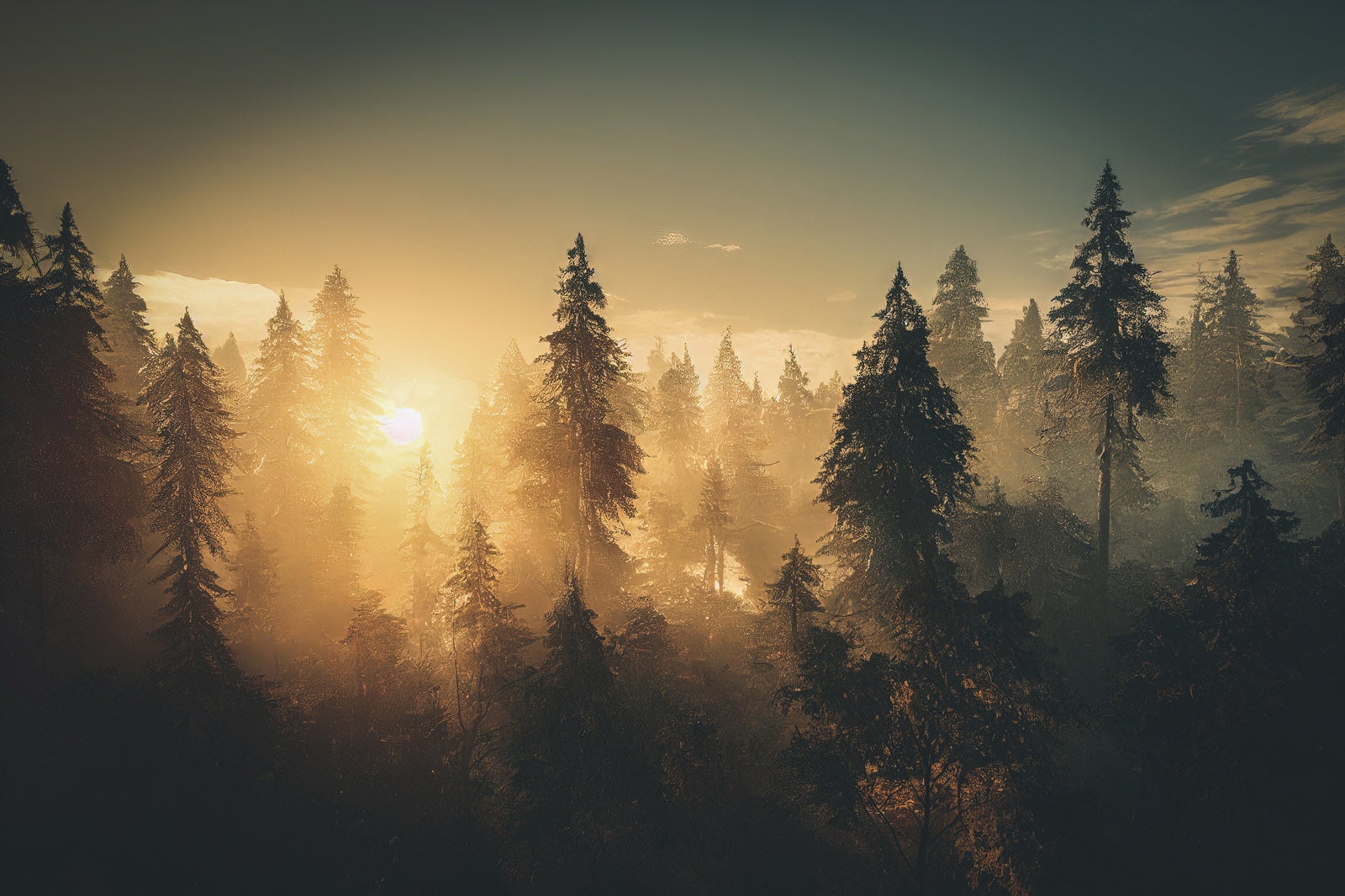 「木々の間に沈む夕日」の写真