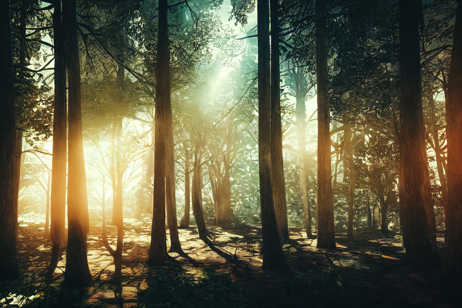 「木漏れ日の光に包まれる森の様子」の写真