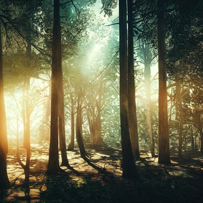 木漏れ日の光に包まれる森の様子の写真