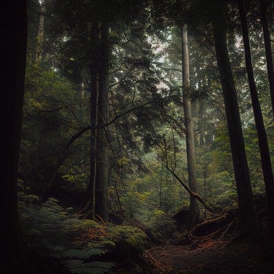 薄暗い樹林帯の山道の写真