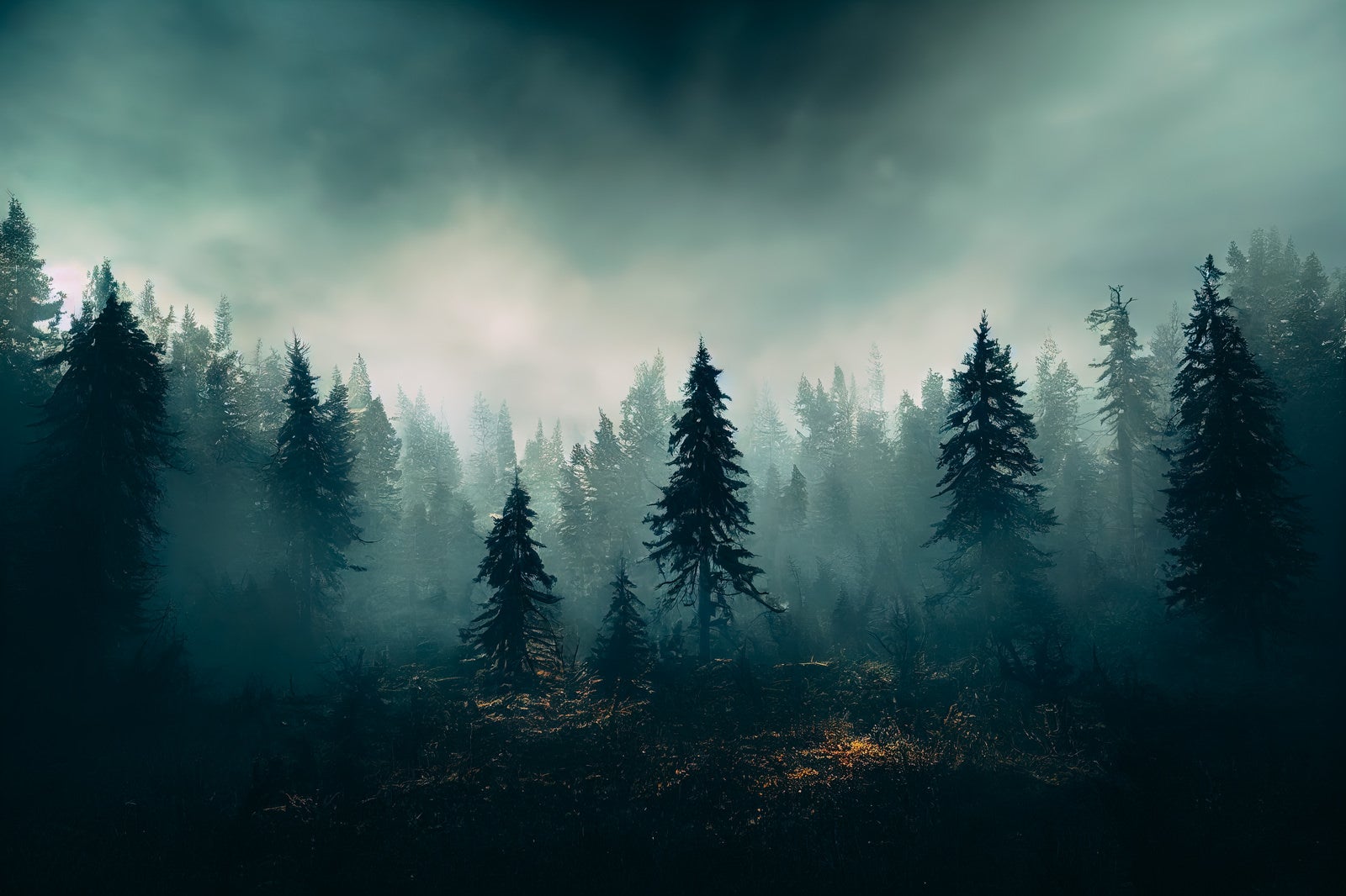 「不気味な霧に包まれた森」の写真