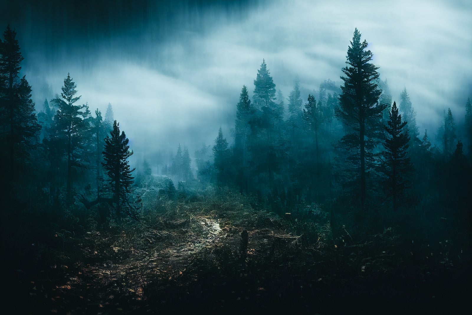 「濃霧に包まれた出口の見えない登山道」の写真