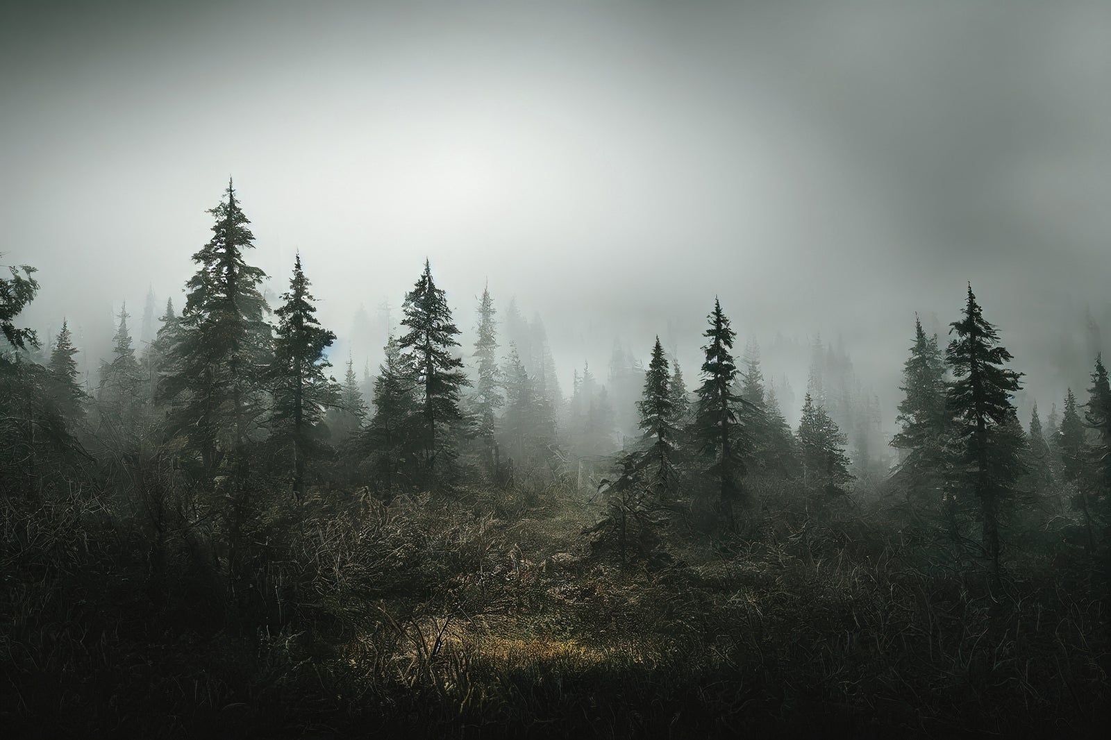 「濃霧に遮られる視界と登山道」の写真