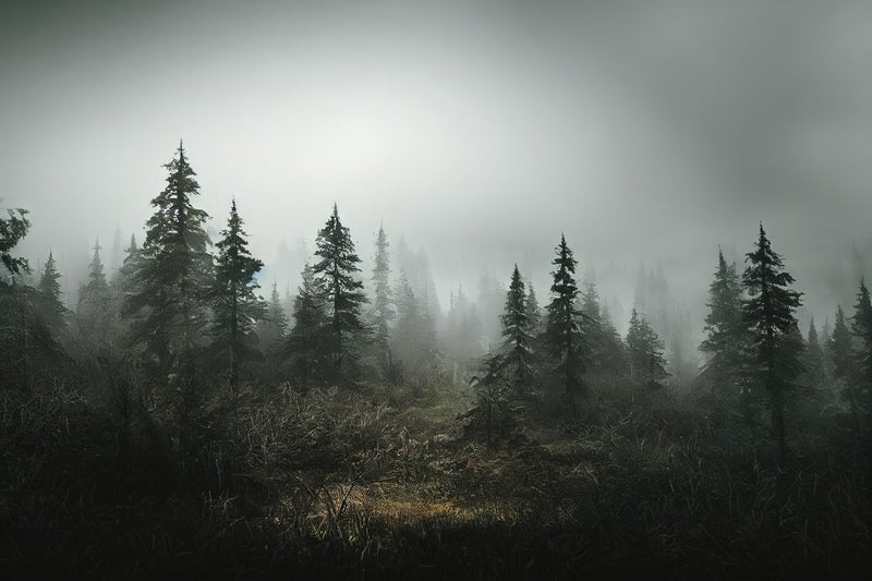 濃霧に遮られる視界と登山道の写真