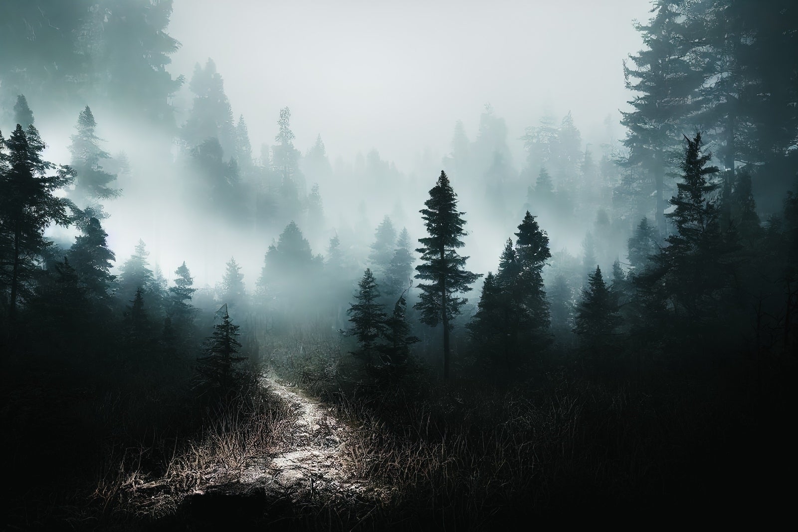 「霧で視界不良の登山道」の写真
