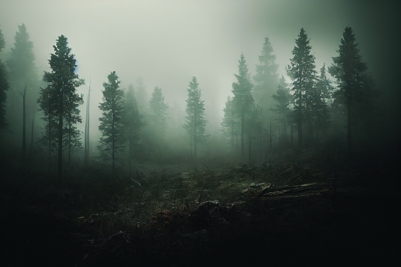 「暗がりの濃霧の森」の写真