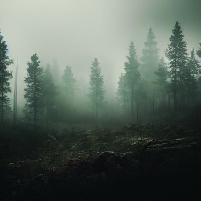 暗がりの濃霧の森の写真