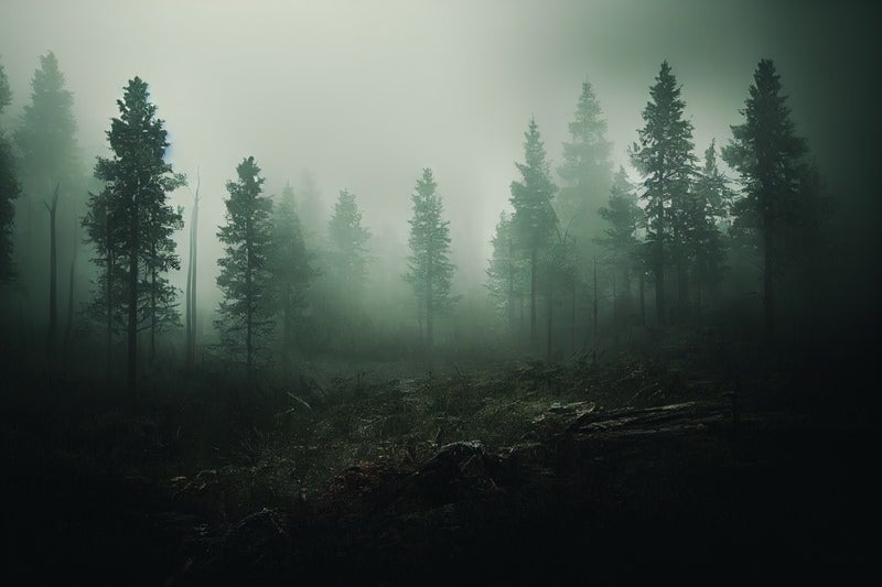 暗がりの濃霧の森の写真