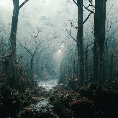 霧に飲まれた立ち枯れの森の写真