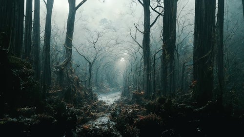 霧に飲まれた立ち枯れの森の写真