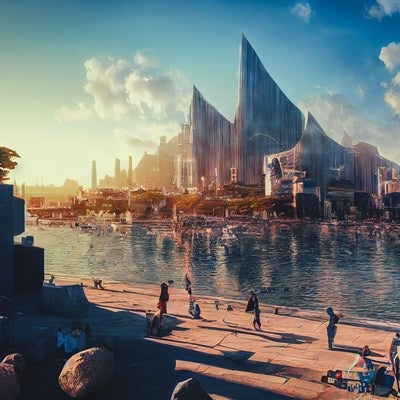 川向うに見える未来都市の写真
