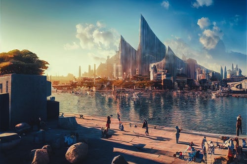 川向うに見える未来都市の写真