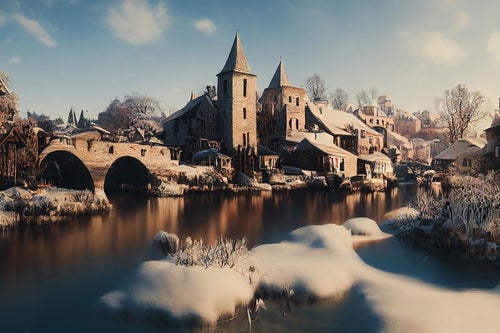 川に積もる雪と集落の写真