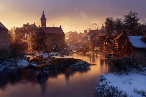 夕暮れに染まる雪国の町の写真
