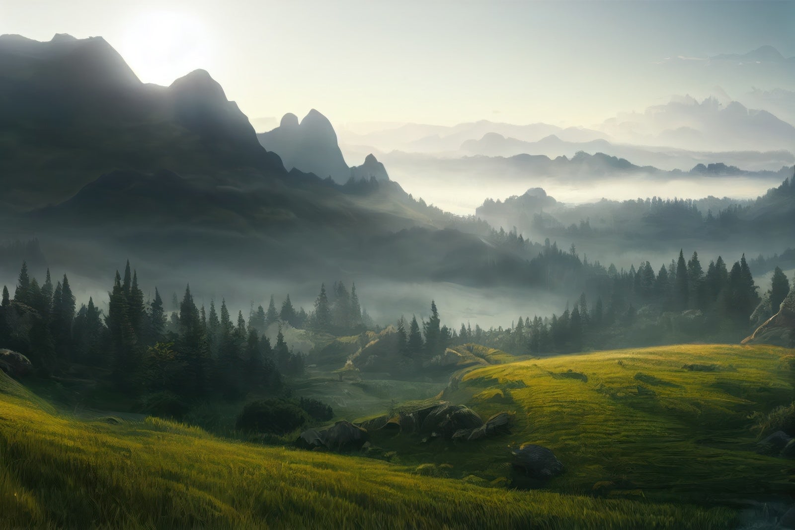 「山々に立ち込める霧と高原の世界」の写真