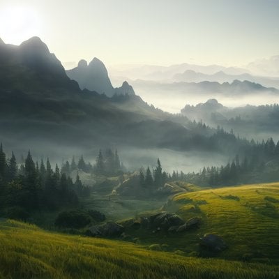 山々に立ち込める霧と高原の世界の写真