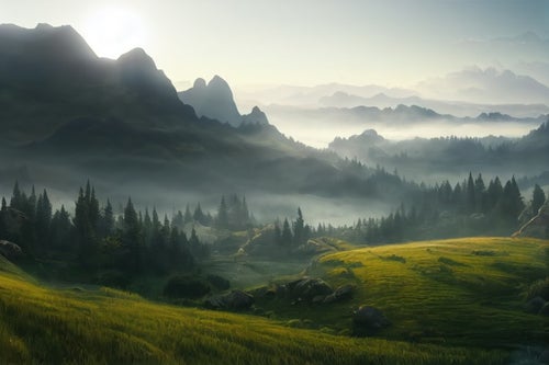 山々に立ち込める霧と高原の世界の写真