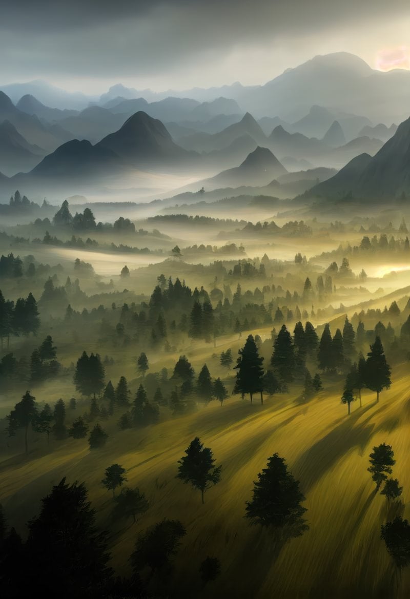 「霧に隠された山々と高原に伸びる木々の影」の写真