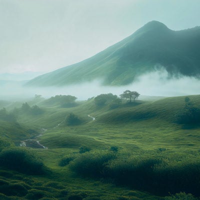 霧が立ち込める丘の写真