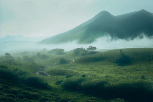 霧が立ち込める丘の写真