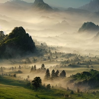 山の静寂と幻想的な自然美の写真