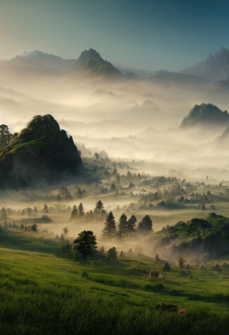 「朝霧と共に目覚める高原の夜明け」の写真
