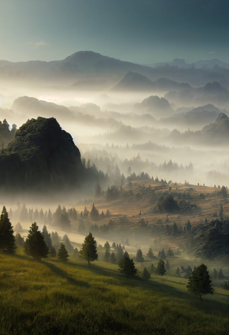 「高原の静寂と霧に抱かれた山々」の写真