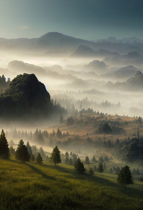 高原の静寂と霧に抱かれた山々の写真