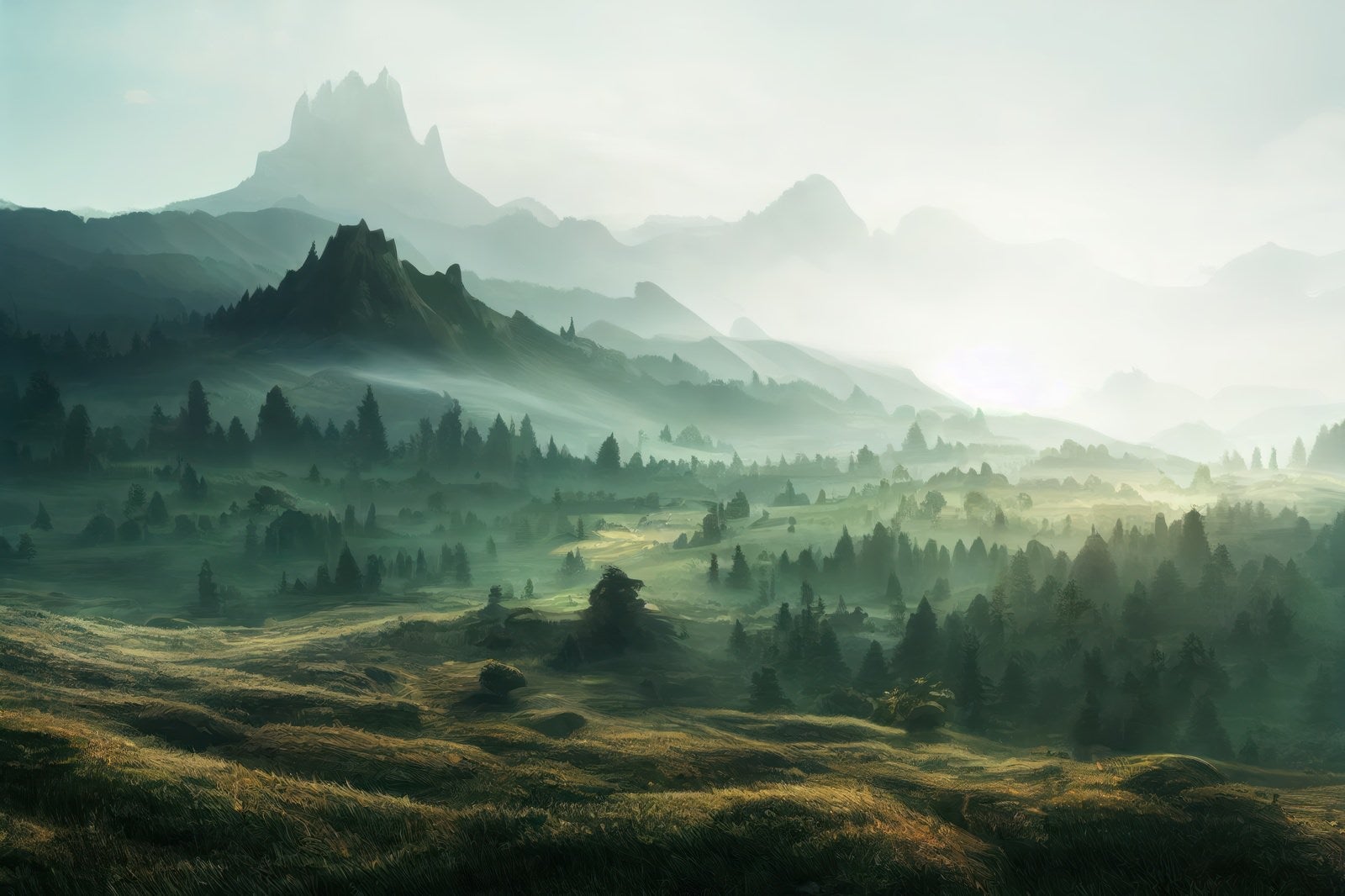 「草原と山麓が語り合う朝靄の物語」の写真