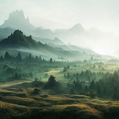 草原と山麓が語り合う朝靄の物語の写真