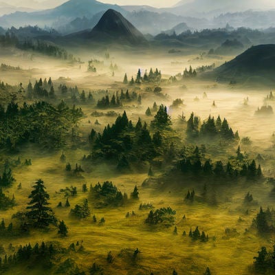 樹冠を見下ろす朝霧の世界の写真