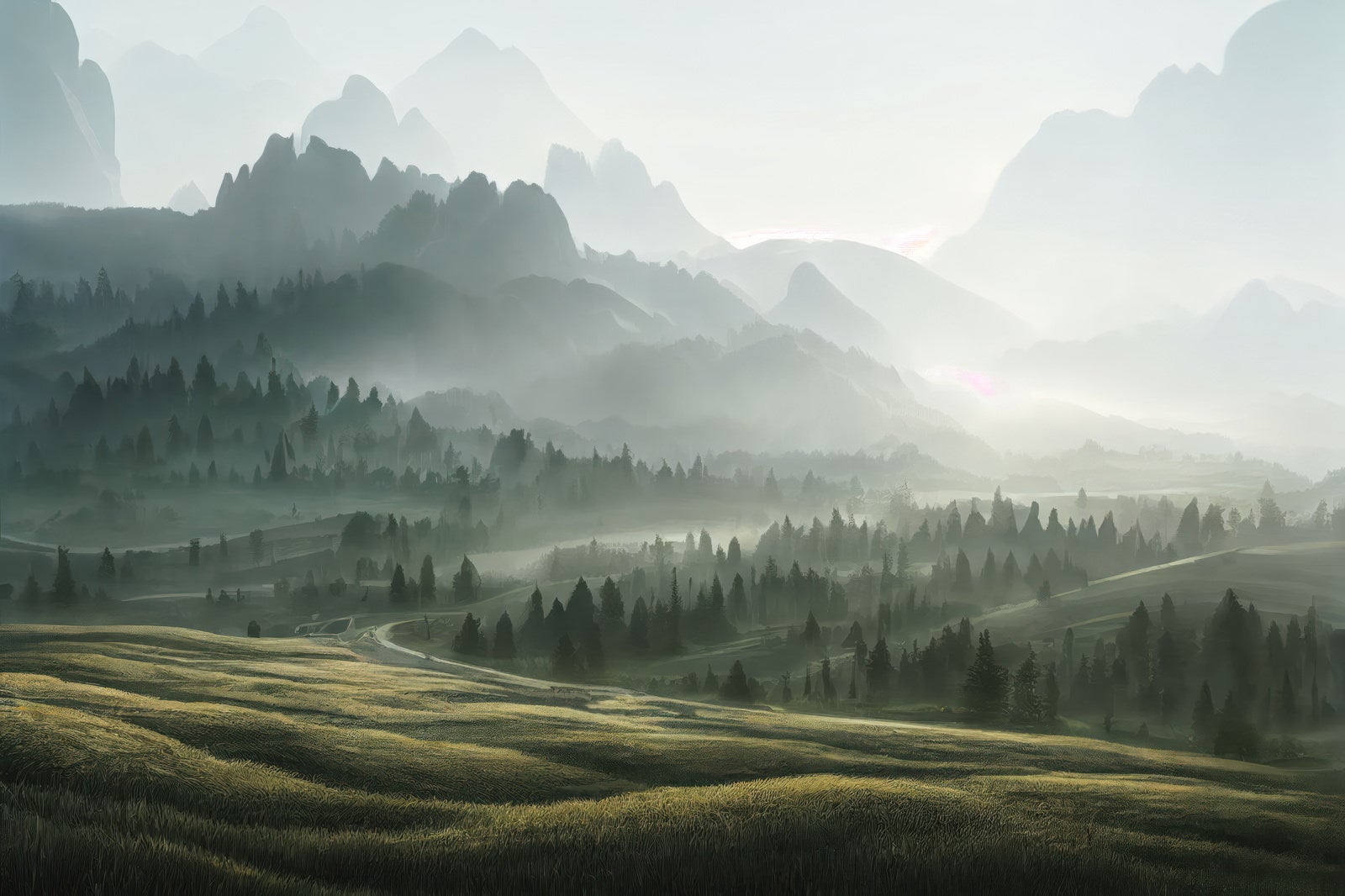 「草原の朝靄が映す山麓の影」の写真
