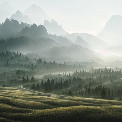 草原の朝靄が映す山麓の影の写真