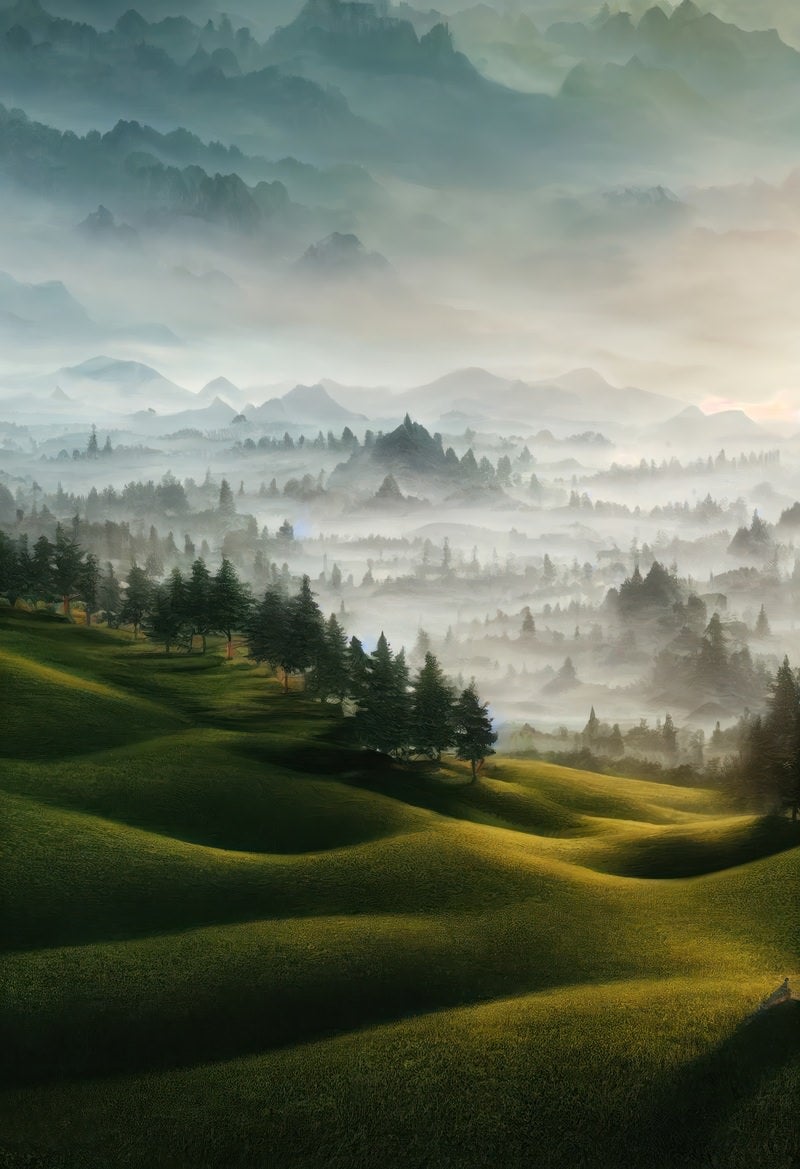 草原の朝靄が映す山麓の影の写真