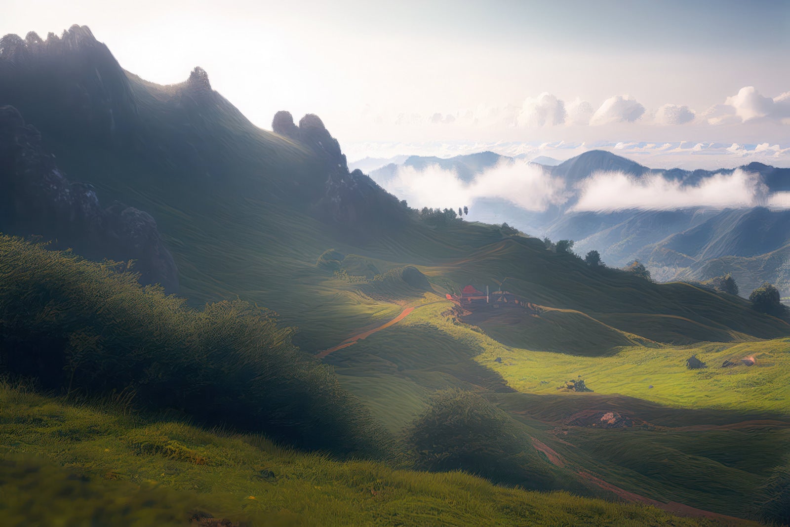 「山麓に広がる草原の朝靄の風景」の写真