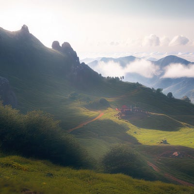山麓に広がる草原の朝靄の風景の写真