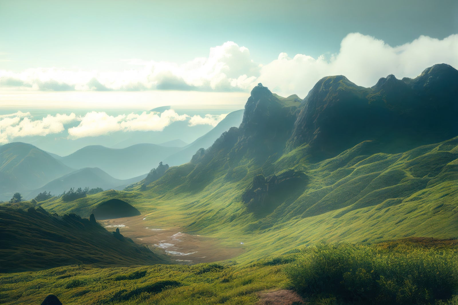 「山麓の朝靄に抱かれる草原」の写真