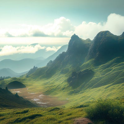 山麓の朝靄に抱かれる草原の写真
