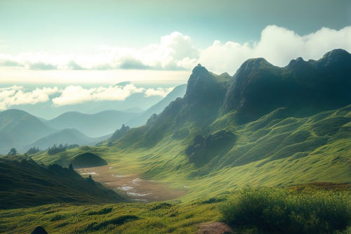 山麓の朝靄に抱かれる草原の写真