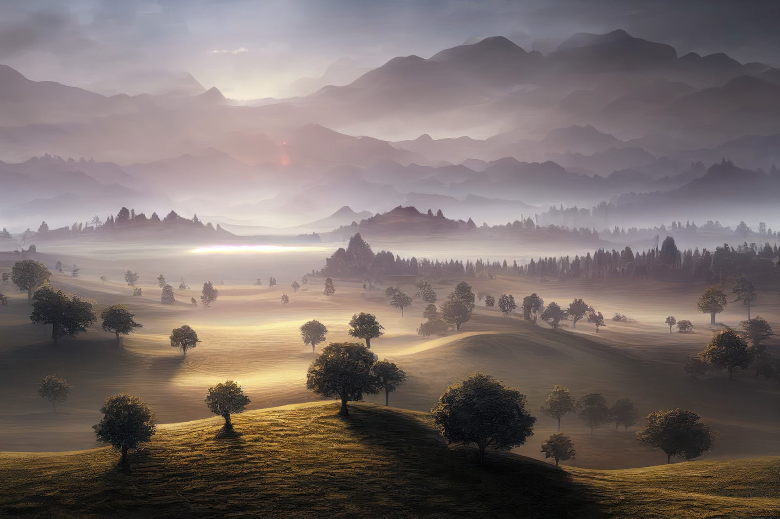 「夜明けの草原と朝靄に包まれた山々」の写真