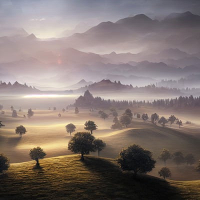夜明けの草原と朝靄に包まれた山々の写真