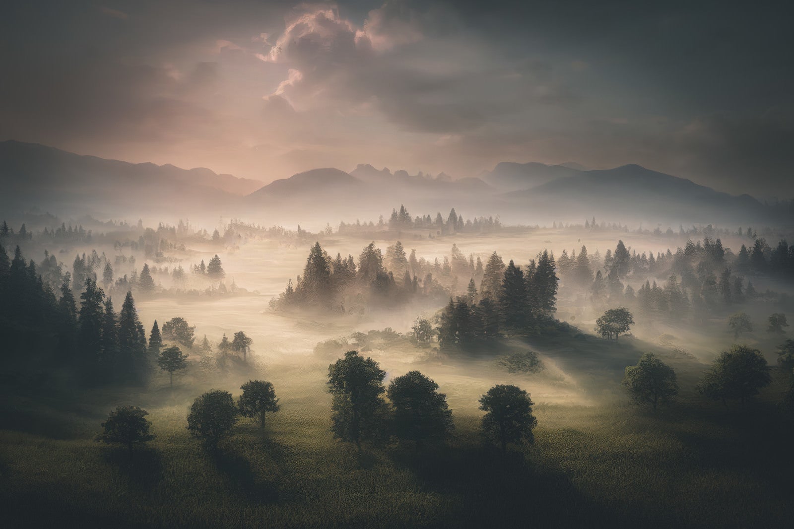 「朝靄の中で繋がる草原と樹冠の夜明け」の写真