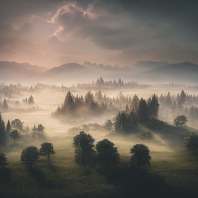 朝靄の中で繋がる草原と樹冠の夜明けの写真